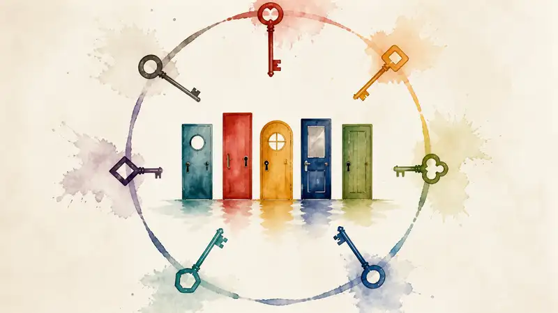 Career languages: colored doors encircled by keys representing different industries