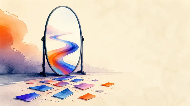 Ideal L2 self: a mirror reflects a vivid winding path beyond scattered colored pieces