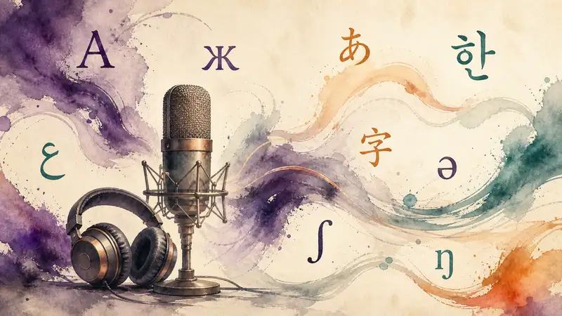 Linguistics podcast: microphone and headphones amid colorful speech waves