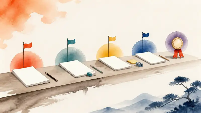 Language tests: a row of written exam desks leads toward a certification medal