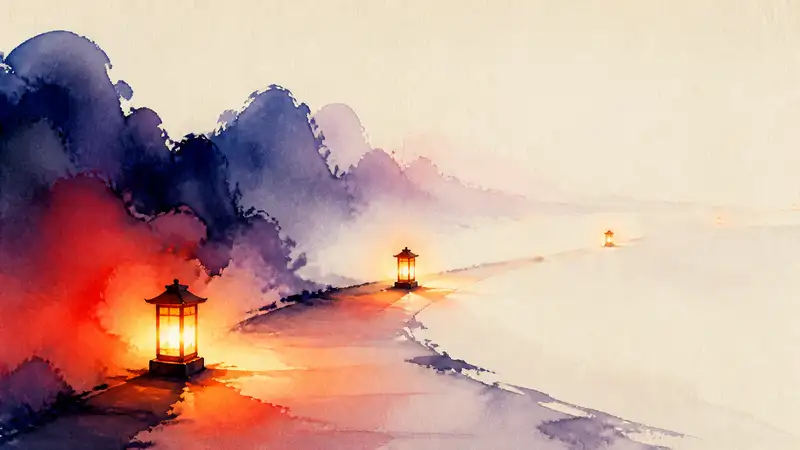 Spaced repetition: glowing lanterns mark reviews at widening intervals along a path