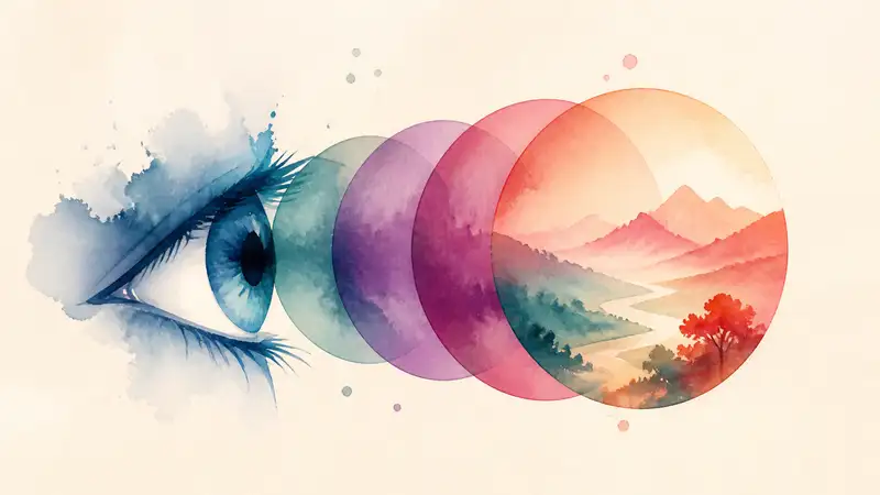Language-learning research: an eye looks through overlapping colored lenses toward a clear landscape