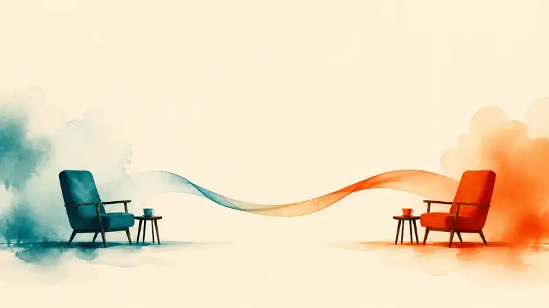 Willingness to communicate: two empty chairs are joined by a flowing conversational ribbon