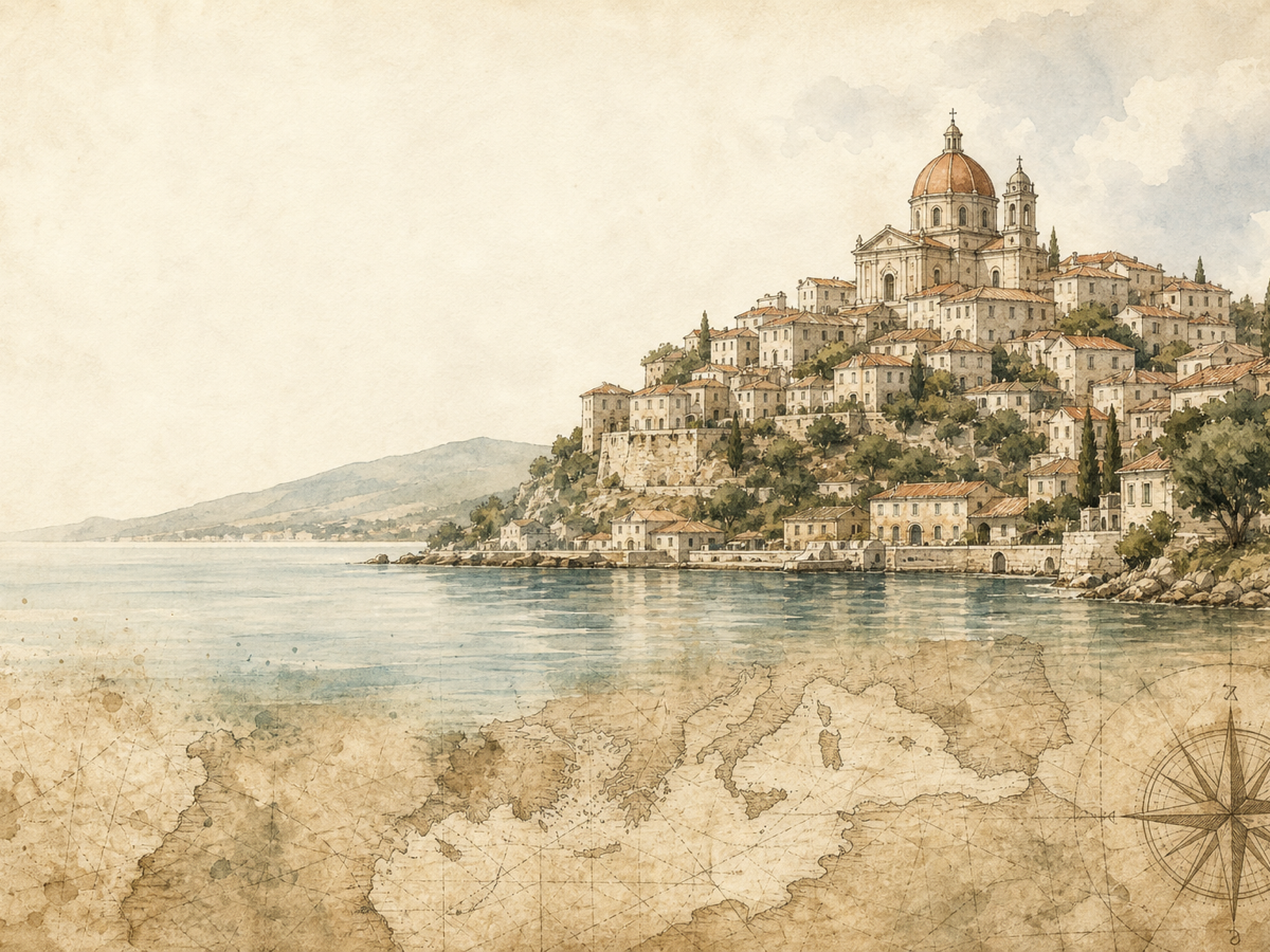 Watercolor of an Italian hilltop town beside an aged map fragment