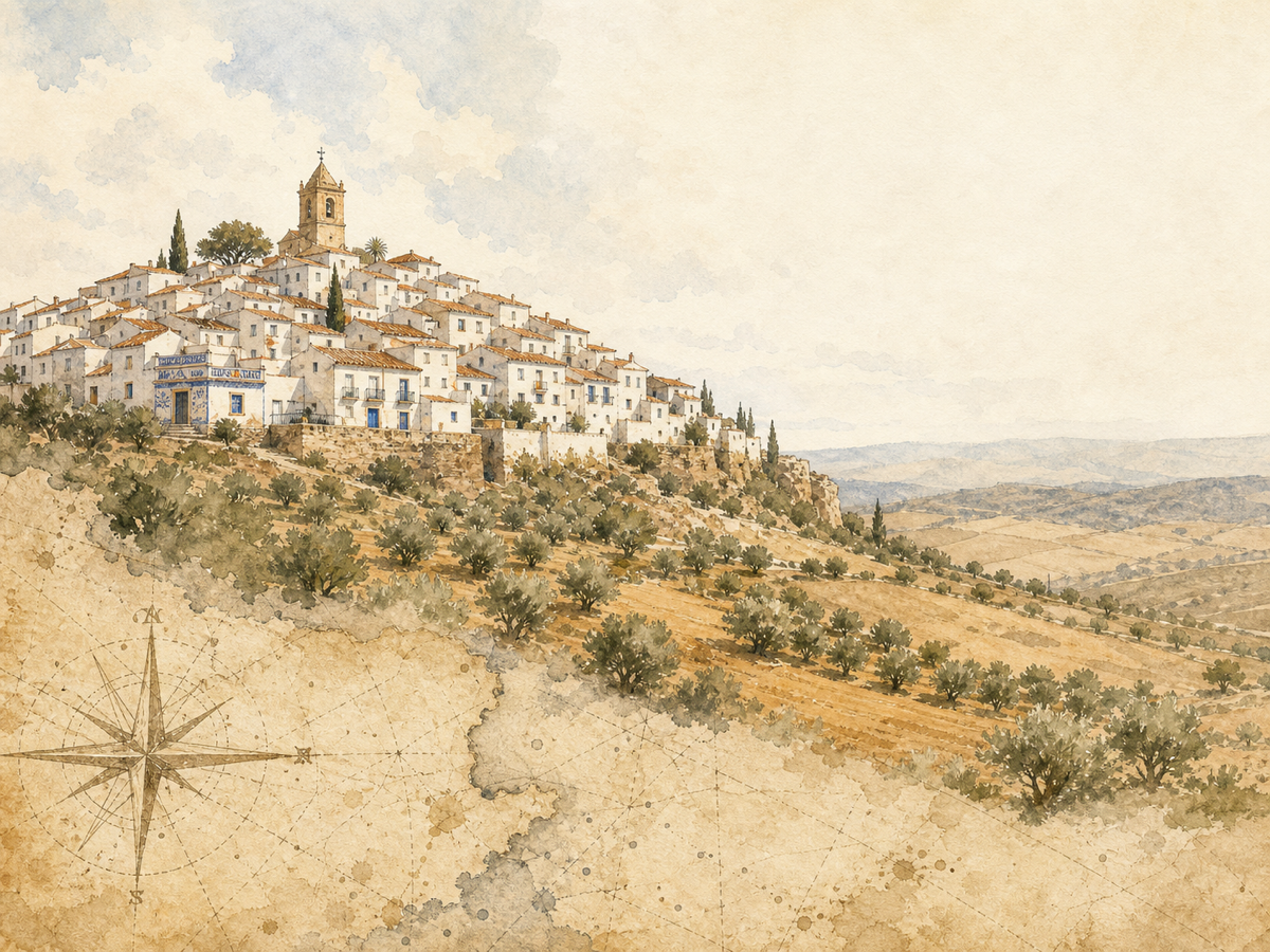 Watercolor of an Andalusian pueblo blanco beside an aged map fragment