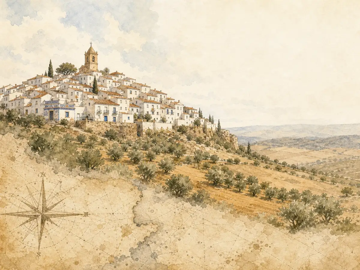 Spanish reading practice with a white hill town, olive groves, and antique map compass