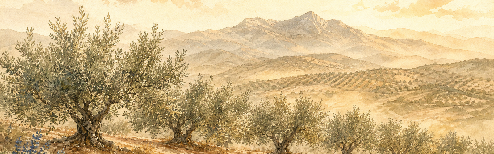 Olive trees and a distant Andalusian sierra rising through morning haze