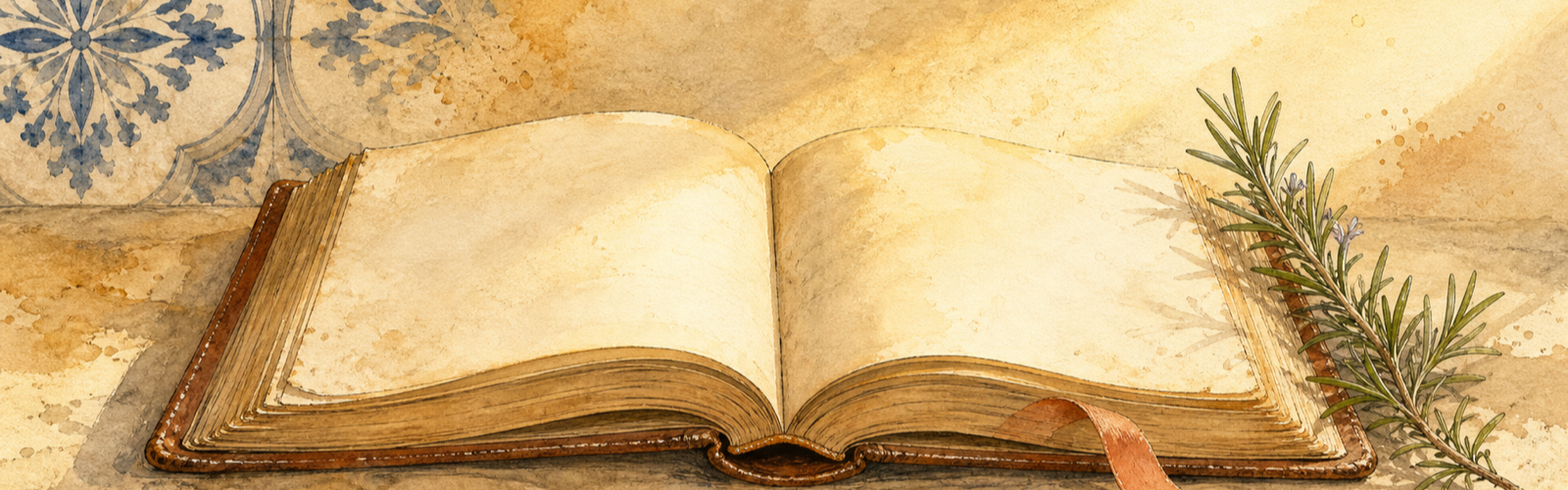 Open leather-bound book with a sprig of rosemary and a faded ribbon bookmark