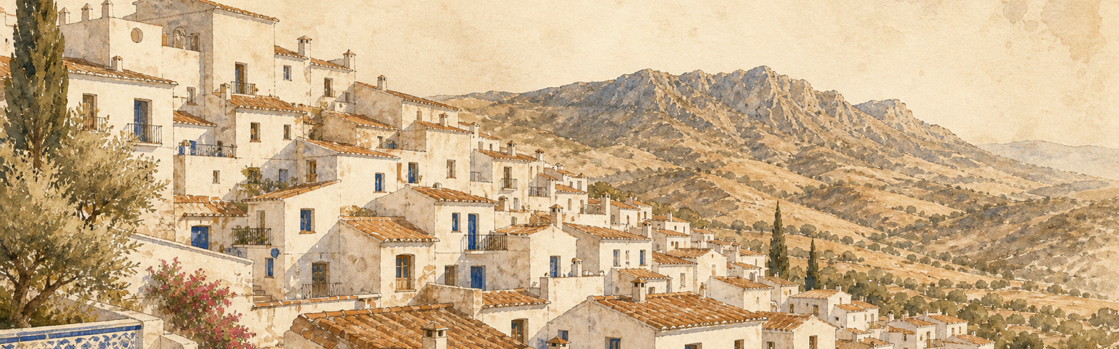 Whitewashed Andalusian pueblo blanco at golden hour with terracotta roofs
