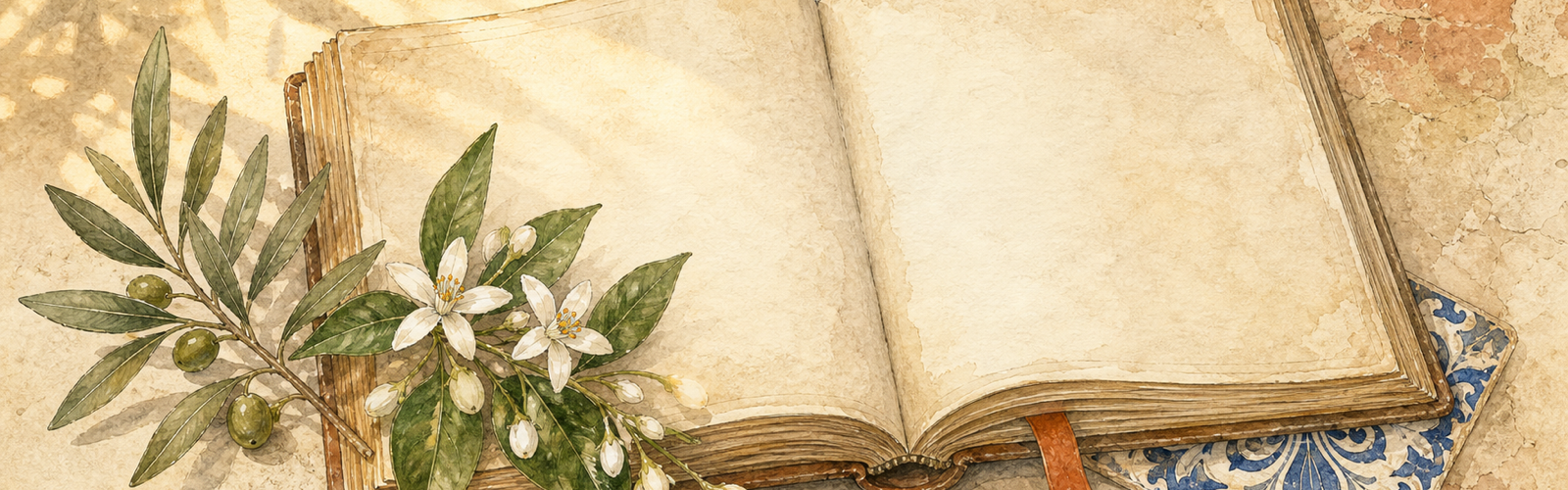 Open notebook with olive and orange-blossom sprigs and a hint of azulejo tile