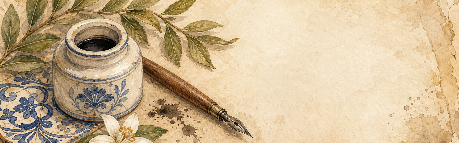 Inkwell, dip pen, sprig of laurel and orange blossom, with a fragment of azulejo tile