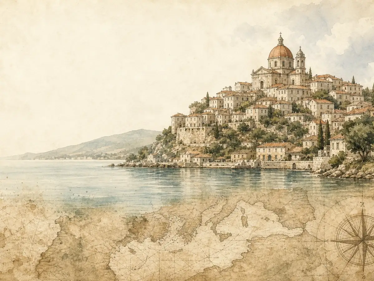 Italian reading practice with a watercolor coastal hill town, domed church, and antique map