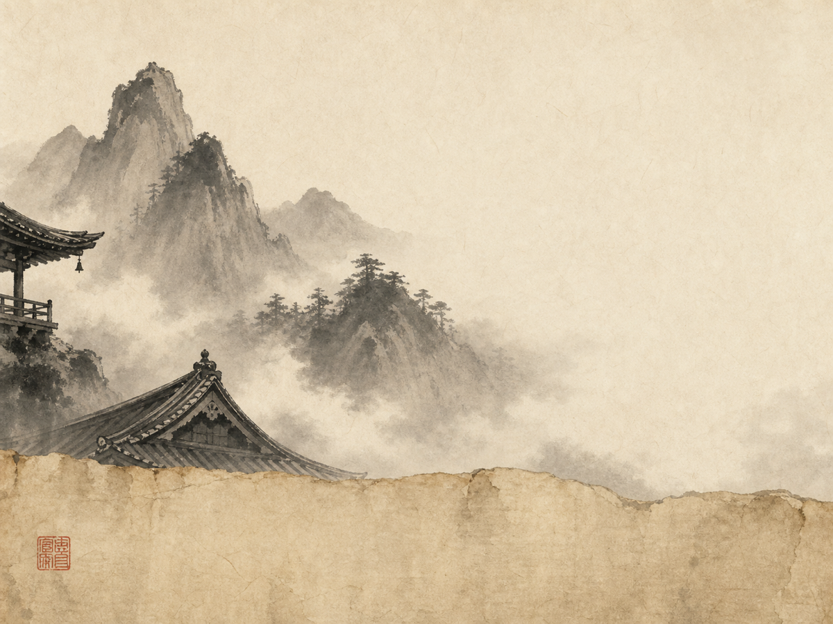 Sumi-e of mist-shrouded peaks with a temple roof and a scroll fragment