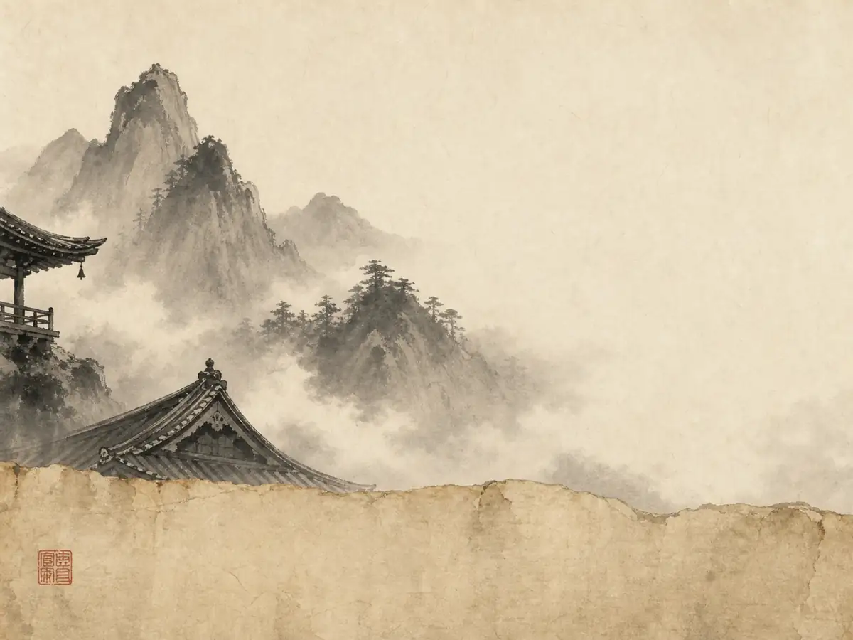 Japanese reading practice with misty ink mountains, temple roofs, and a red seal