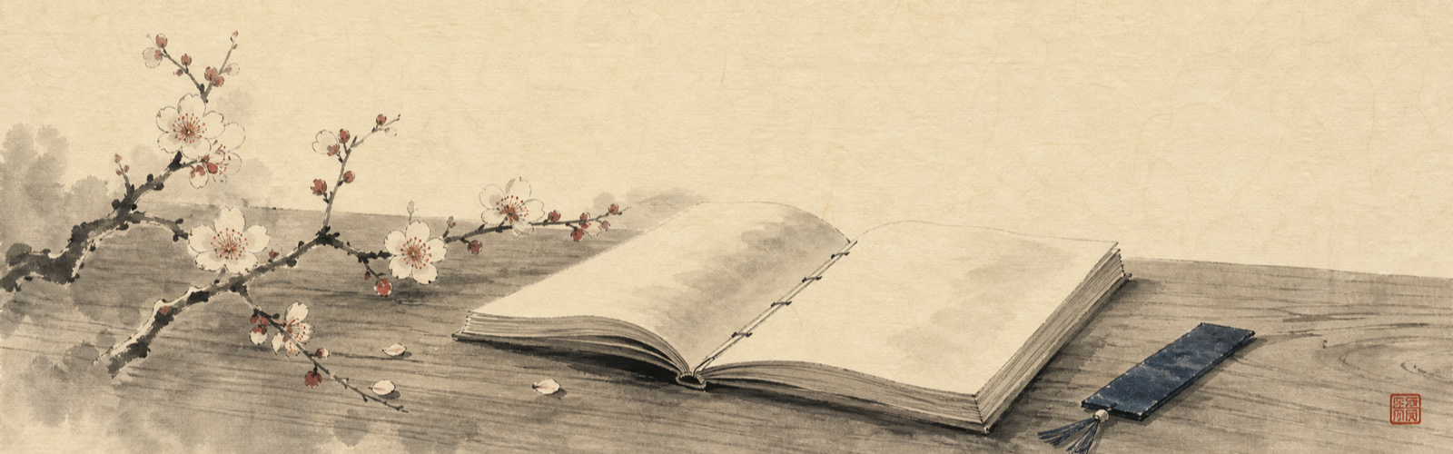 Open thread-stitched book with a plum-blossom sprig in sumi-e wash