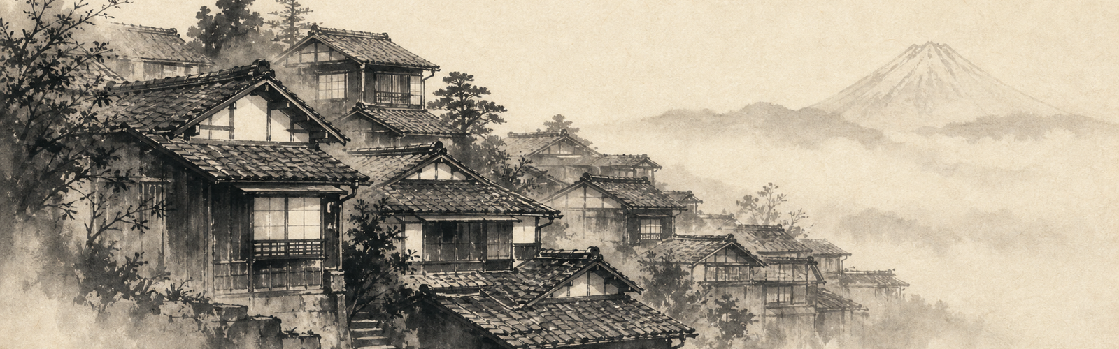 Cluster of traditional Japanese machiya roofs in low mist