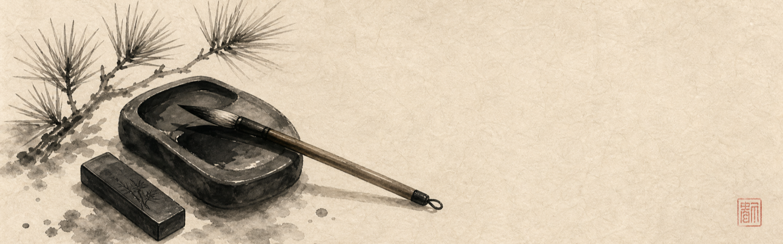 Sumi inkstone with a fude brush and pine sprig on washi paper