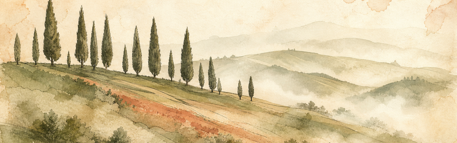 Distant cypress trees on rolling Tuscan hills with morning mist