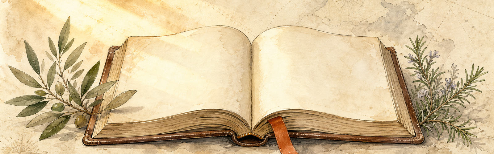Open leather-bound book flanked by botanical sprigs