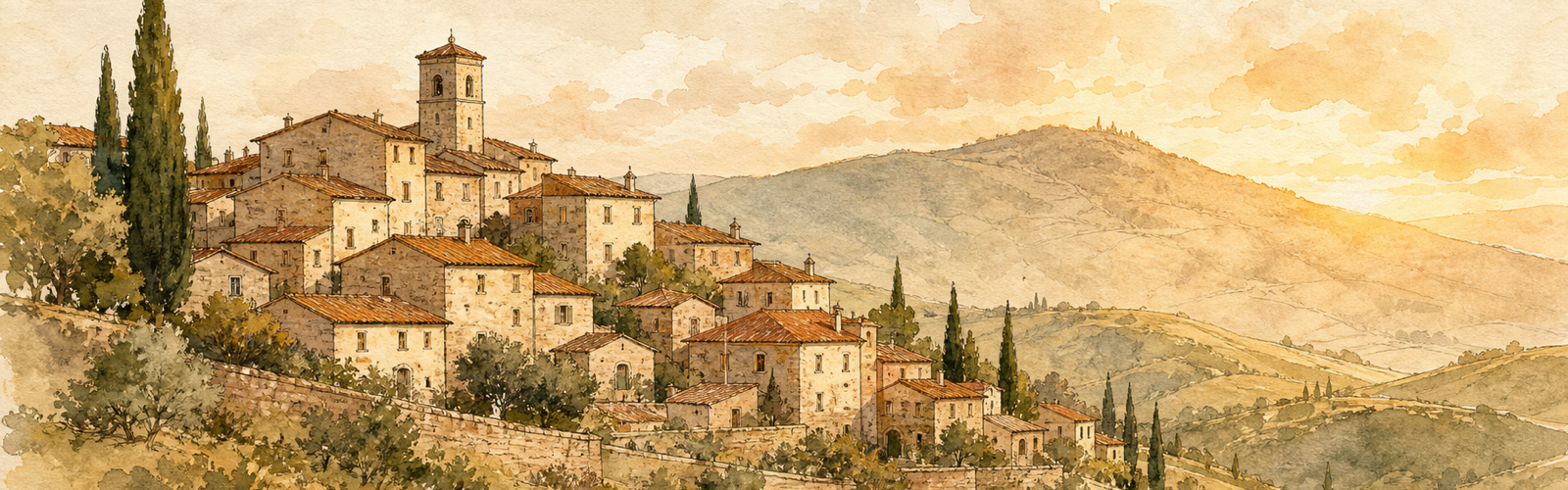 Terracotta-roofed Italian village at golden hour