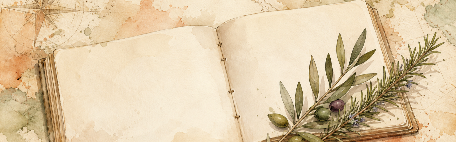 Open notebook with sprigs of olive and rosemary on parchment