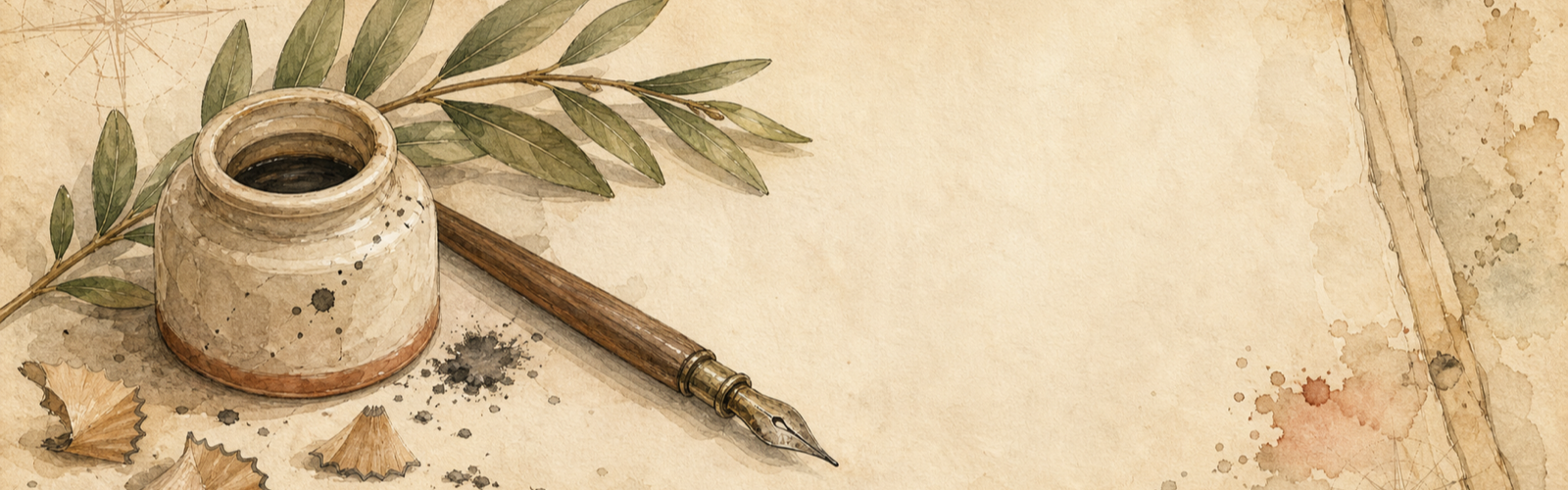Inkwell, dip pen, and a sprig of laurel on a writing desk