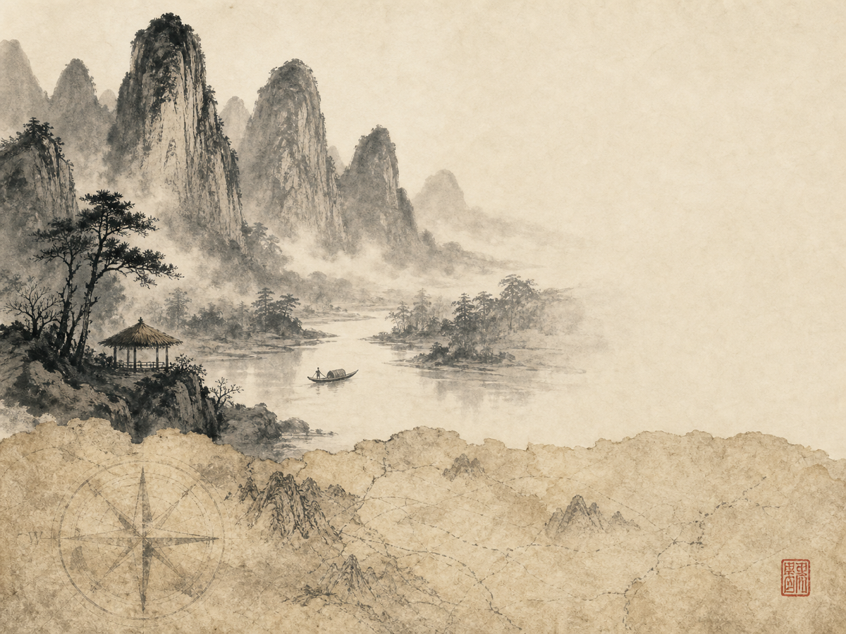 Ink wash of misty karst peaks above a river with an aged map fragment