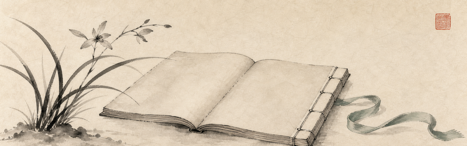 Open thread-bound classical book with an orchid sprig and a jade-toned ribbon