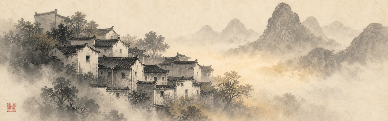 Hui-style village houses with white walls and dark eaves on a misty hillside