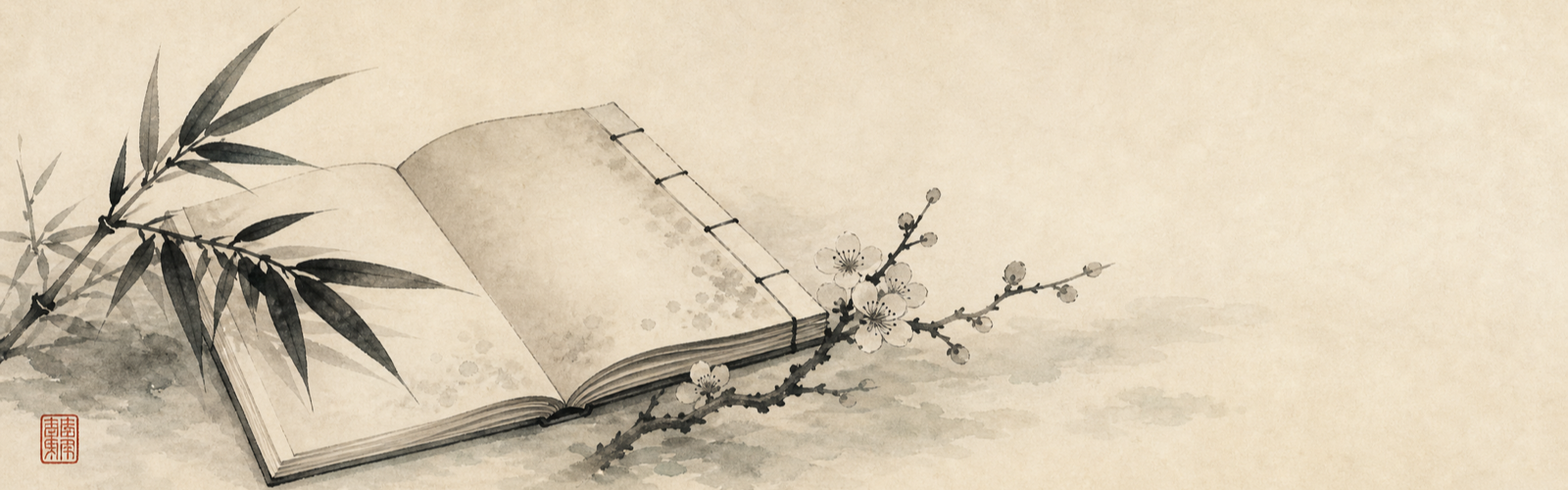Open thread-bound book with bamboo and plum sprigs in literati ink wash