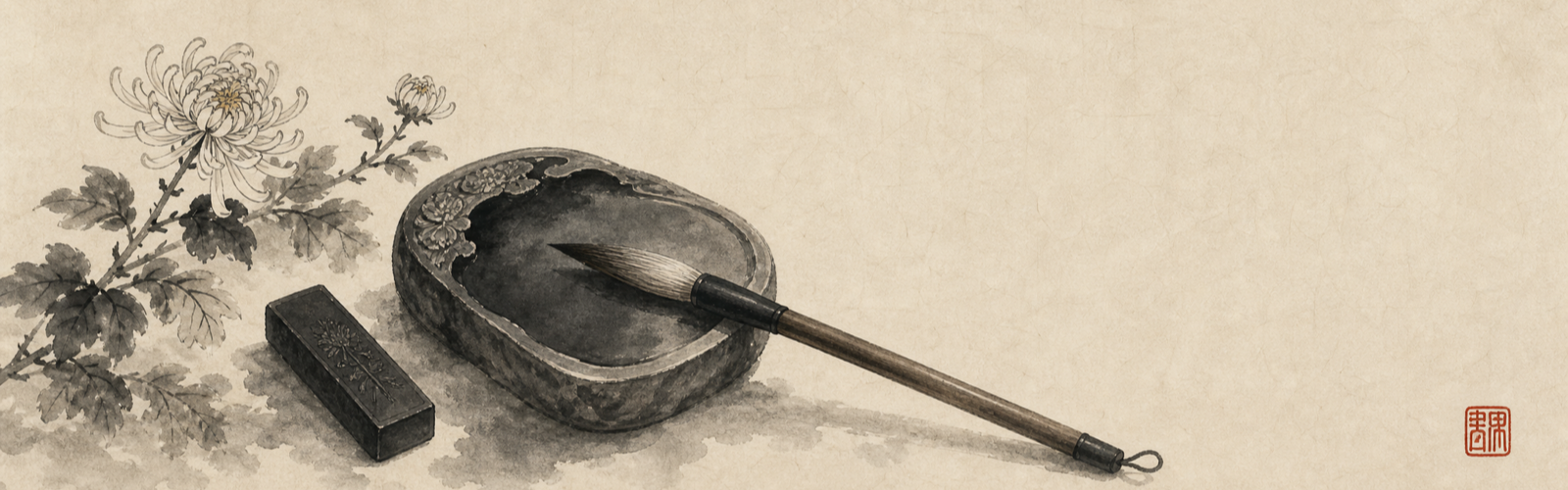 Stone inkstone with a wolf-hair brush and chrysanthemum sprig on xuan paper