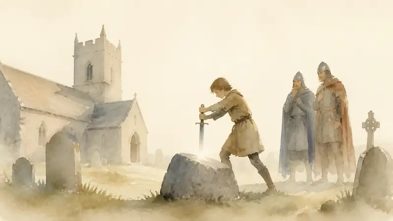 Arthur Draws the Sword — watercolor illustration of young Arthur pulling a sword from a stone in a medieval churchyard as astonished knights watch.