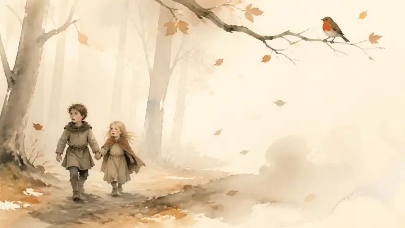 Babes in the Wood — watercolor illustration of two abandoned children walking hand in hand through a vast twilight forest as a robin watches from a branch.