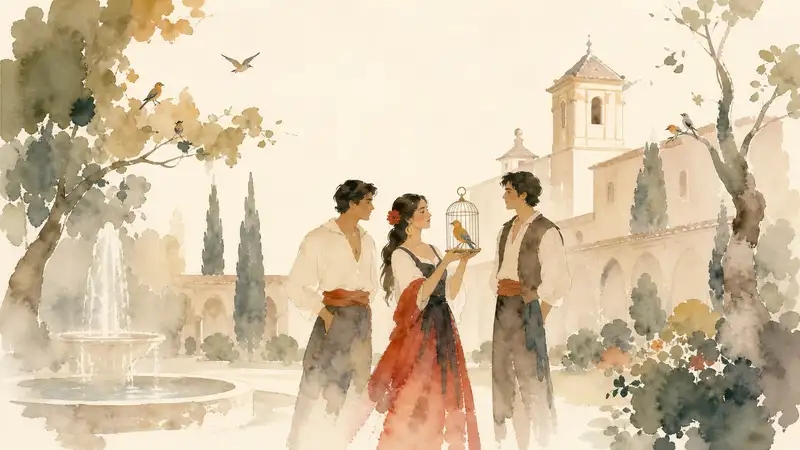 Bird of Truth — watercolor illustration of a young Spanish woman holding a caged bird between her two brothers in a palace garden.