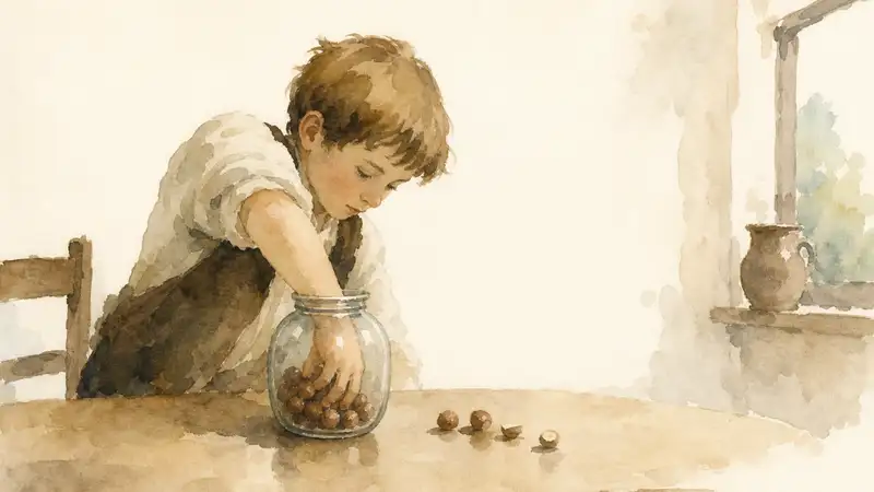 Boy and the Nuts — watercolor illustration of a boy reaching into a glass jar with nuts scattered beside him.