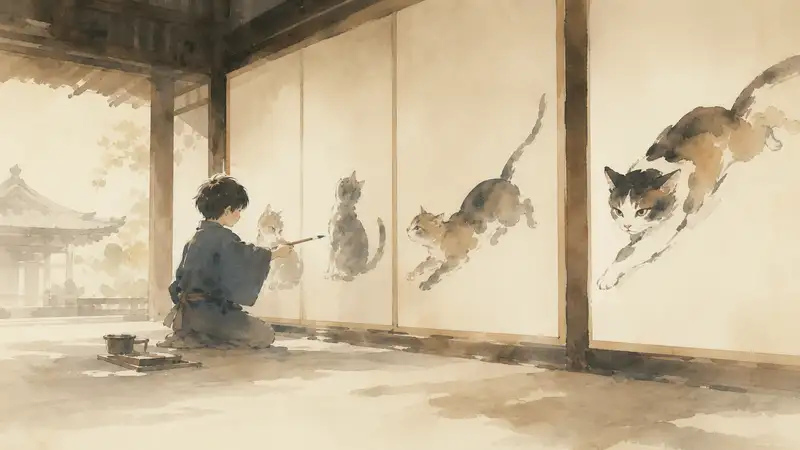 Boy Who Drew Cats — watercolor illustration of a Japanese boy painting lively cats across temple screens.