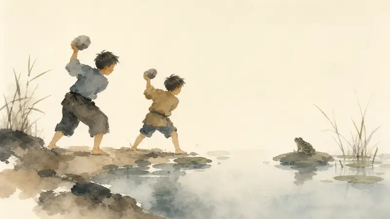 Boys and the Frogs — watercolor illustration of boys throwing stones across a pond as frogs leap from the water.