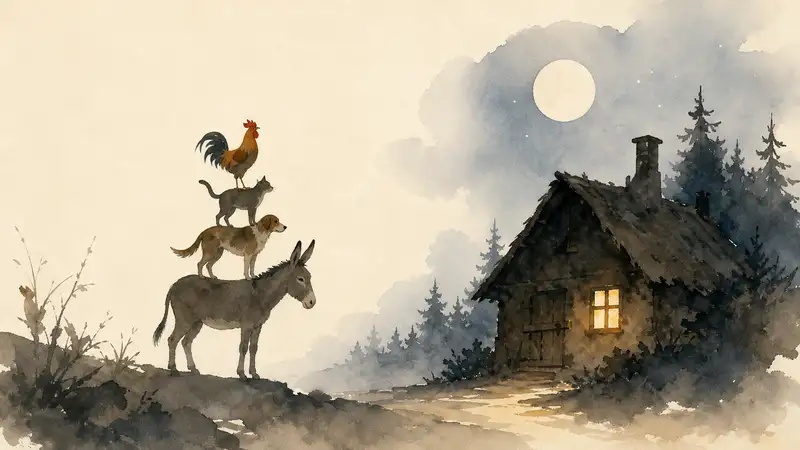 Bremen Town Musicians — watercolor illustration of a donkey, dog, cat, and rooster stacked outside a glowing cottage at night.