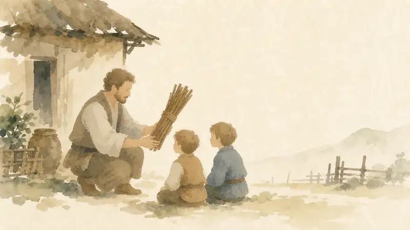 Bundle of Sticks — watercolor illustration of a father handing a bundle of sticks to two boys outside their home.