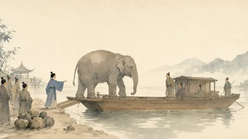 Cao Chong Weighs an Elephant — watercolor illustration of Cao Chong directing an elephant onto a river boat beside weighing stones.