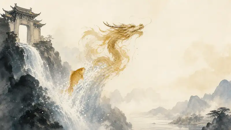 Carp Leaps the Dragon Gate — watercolor illustration of a golden carp transforming into a dragon above a Chinese waterfall.