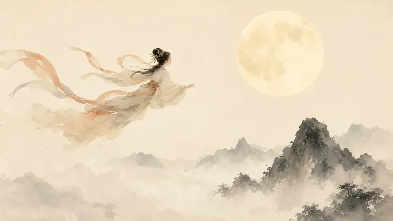 Chang'e Flies to the Moon — watercolor illustration of Chang’e flying above mountain peaks toward a full moon.