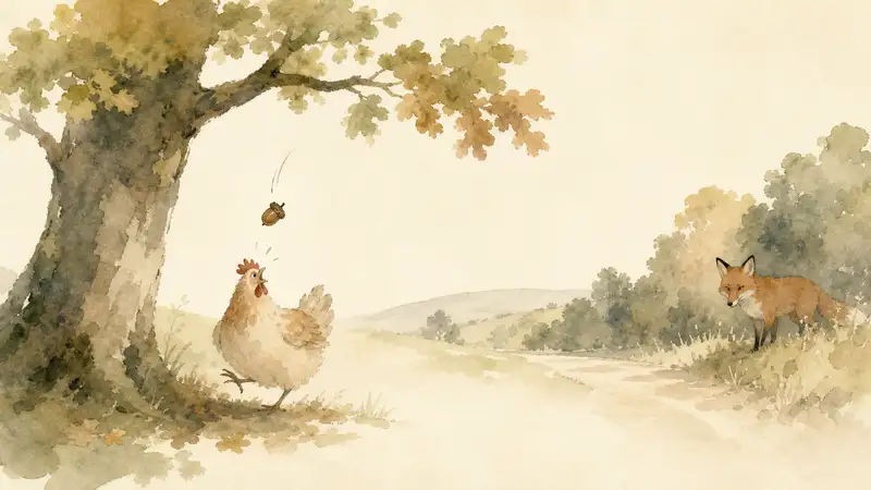 Chicken Little — watercolor illustration of a startled hen beneath an oak tree as an acorn falls and a fox watches nearby.