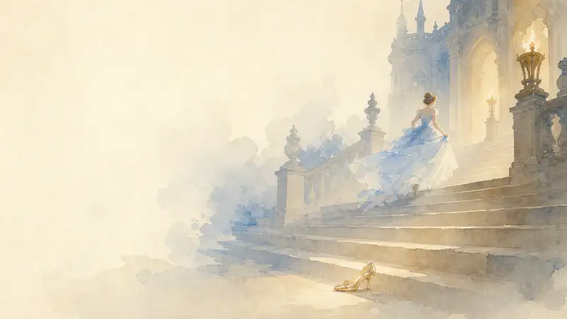 Cinderella — watercolor illustration of Cinderella fleeing down the palace steps with a glass slipper left behind.