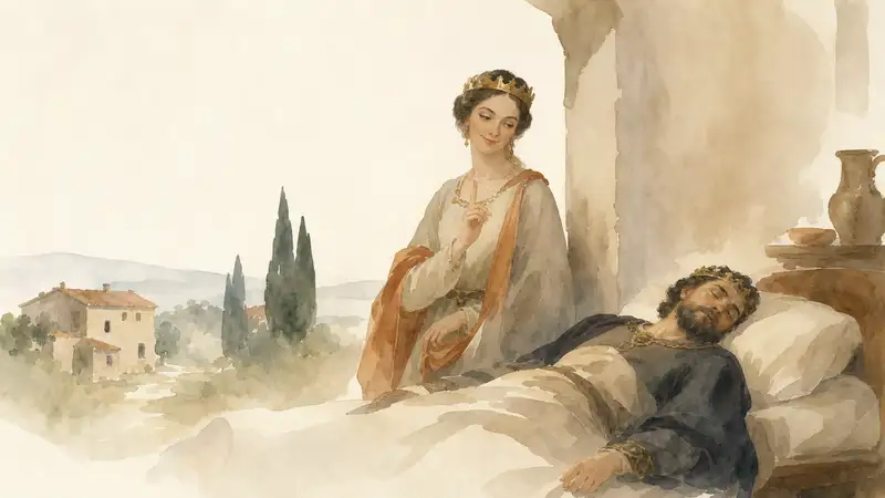 Clever Girl — watercolor illustration of a Tuscan queen smiling beside a sleeping king in a country cottage.