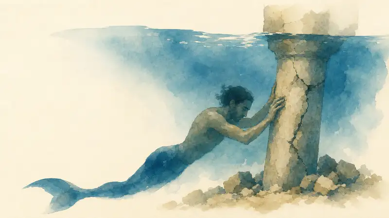 Colapesce — watercolor illustration of a swimmer beneath the sea holding up a massive stone column.