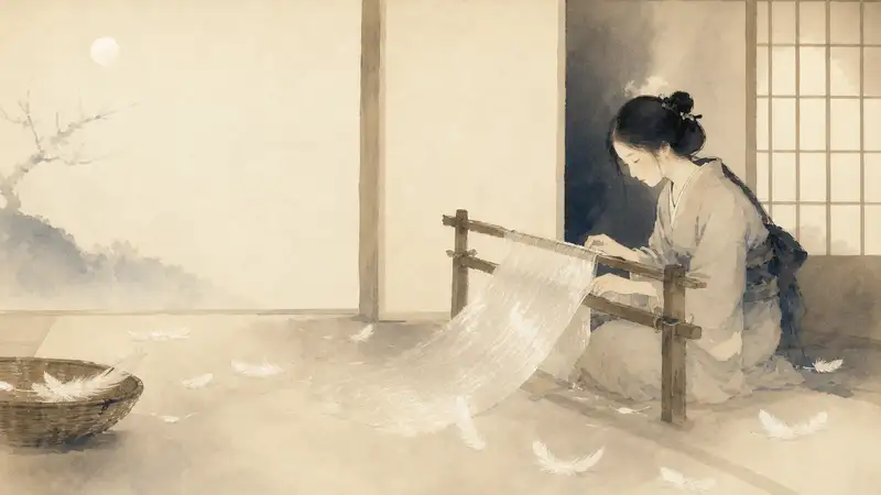 Crane Wife — watercolor illustration of a woman weaving luminous white cloth at a wooden loom.
