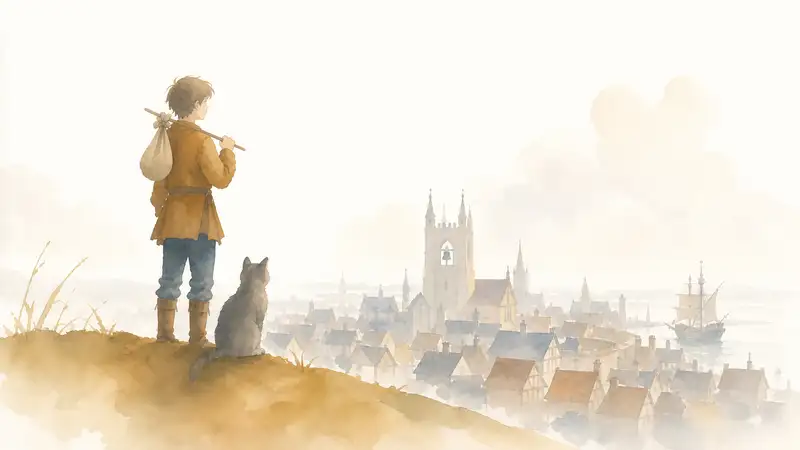 Dick Whittington and His Cat — watercolor illustration of Dick and his cat overlooking old London and a merchant ship.