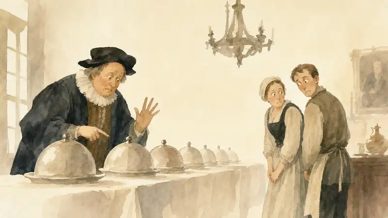 Doctor Know-All — watercolor illustration of a nervous false doctor counting covered dishes as two servants watch.