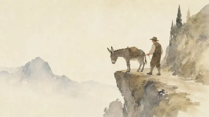 Donkey and His Driver — watercolor illustration of a donkey standing at a cliff edge while its driver reaches toward it.